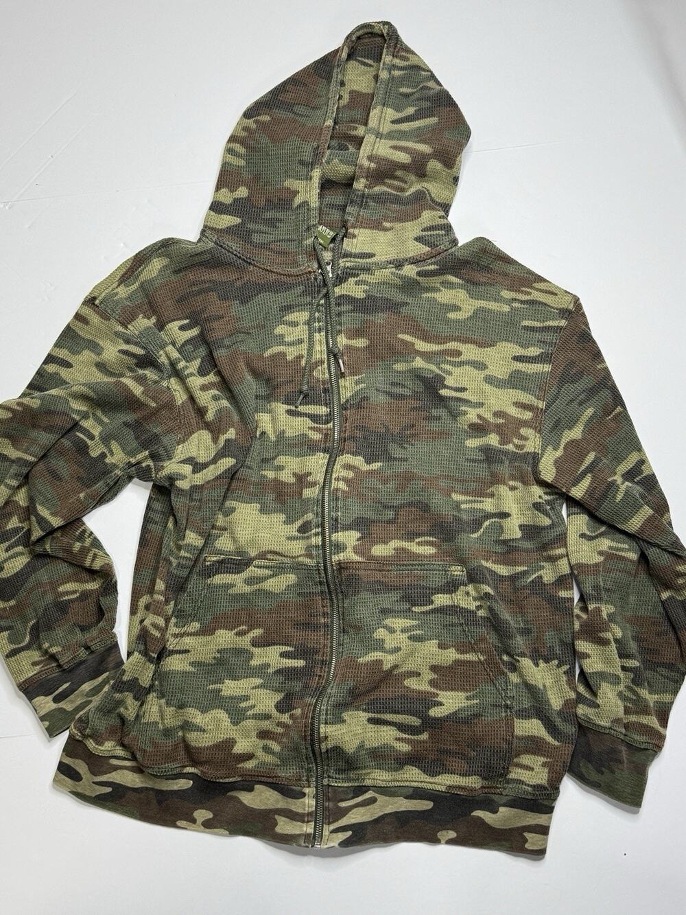 212 NYC Camo Thermal Hoodie Mens XL Full Zip Waffle Knit Woodland Streetwear
